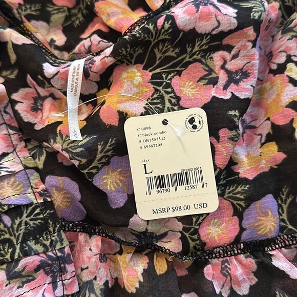 Free People Maybel Blouse Top Shirt Tie-up Floral Black Combo Large L NWT - Picture 7 of 12